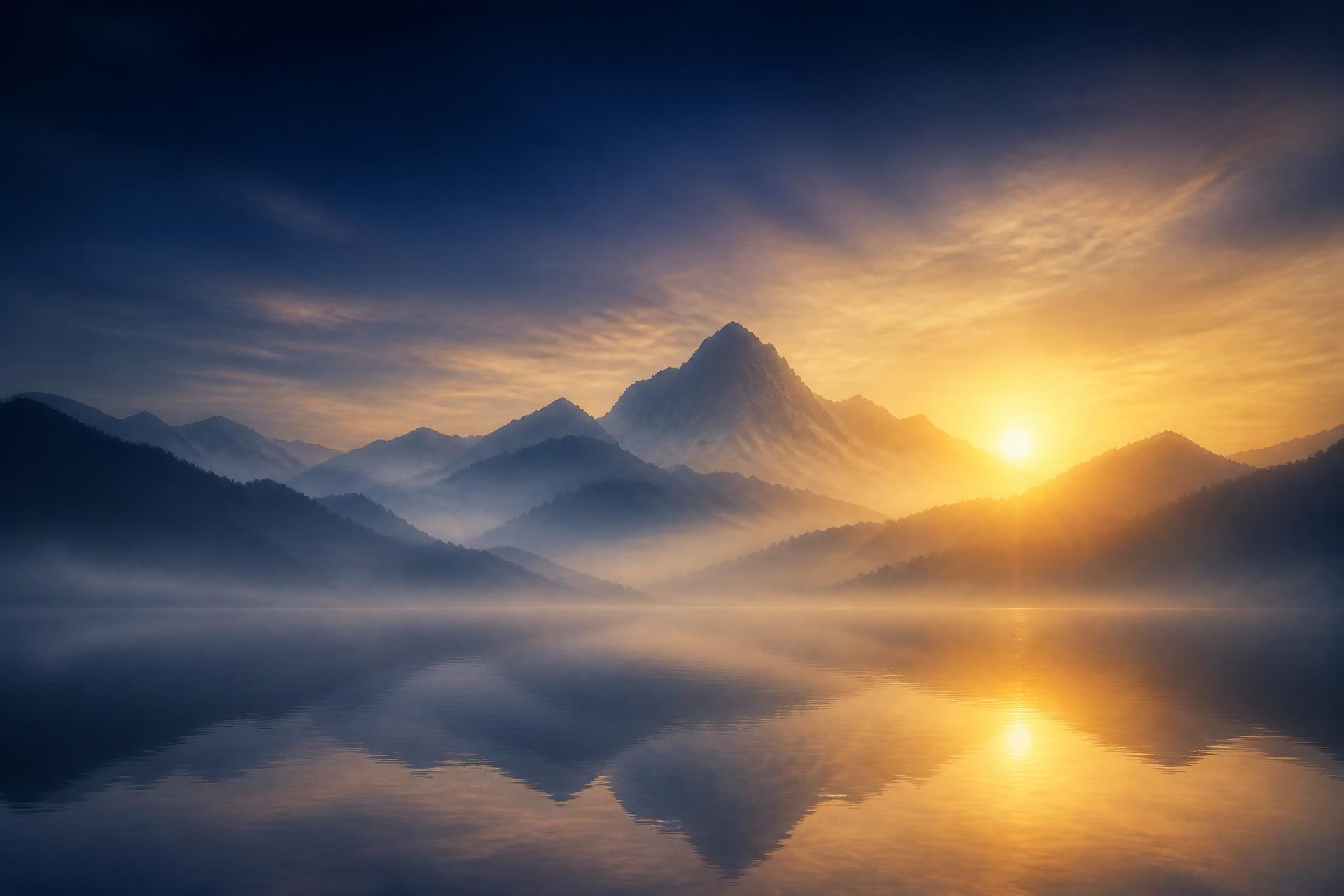 Mist rising over mountains at sunrise